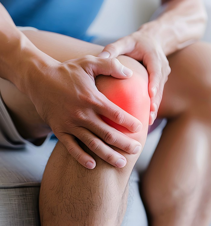 Man sitting on sofa, struggling with knee pain